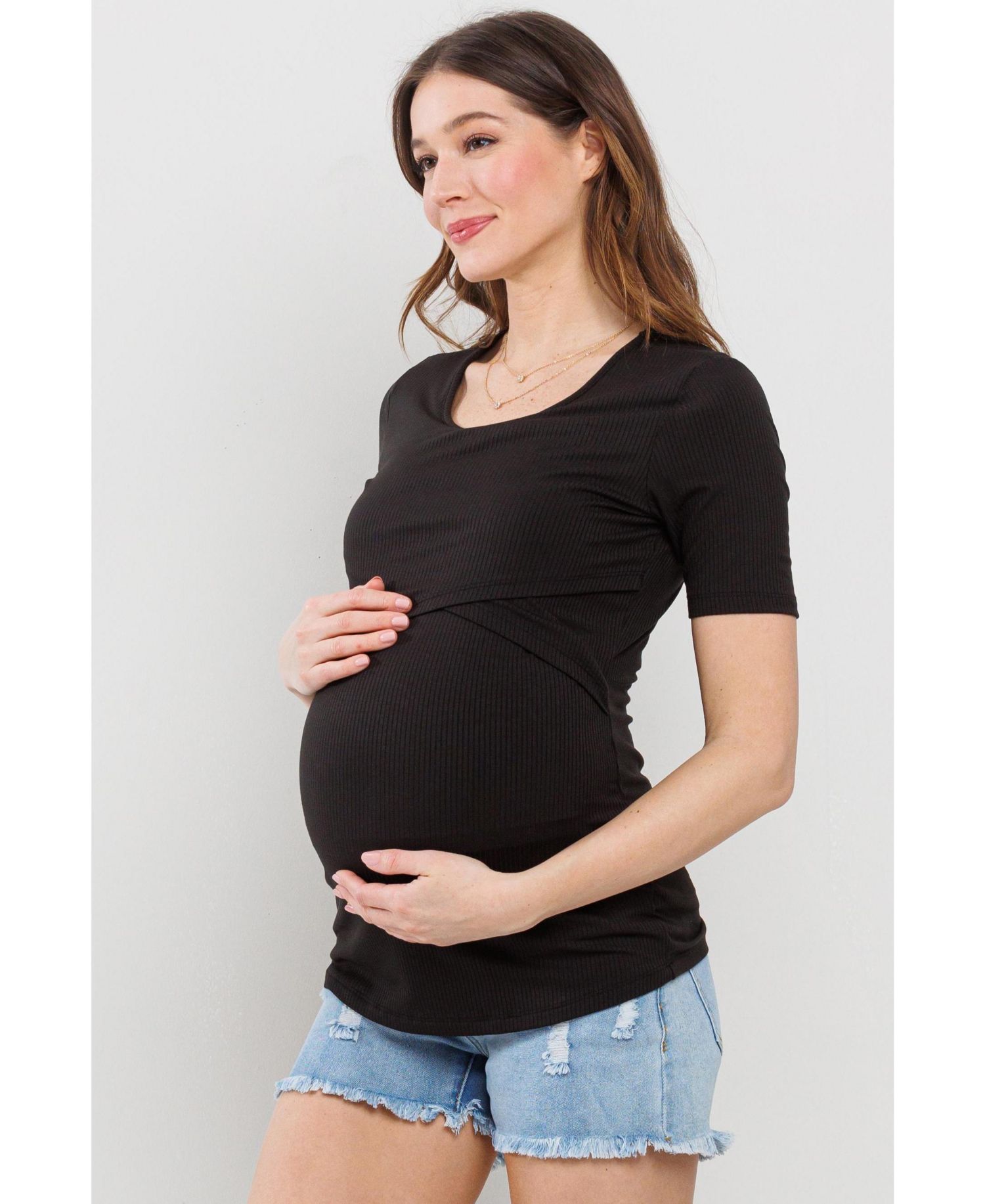 Women's Short Sleeve Ribbed Crossover Nursing T-Shirt