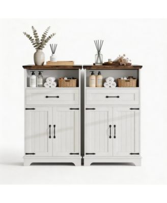 Farmhouse Bathroom Cabinets Set of 2 - Wooden Furniture with Doors and Drawers - Freestanding Storage Unit for Bathroom, Kitchen, Living Room
