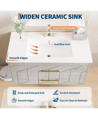 Bathroom Cabinet with Sink Combo, Floating Bathroom Vanity with Ceramic Basin, 2 Large Drawers with Gold Handle, Soft-Close Design