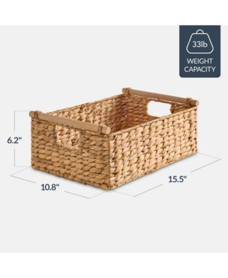 Wicker Storage Basket, Shelf Basket w/ Wooden Handles, Rectangular Storage Bin