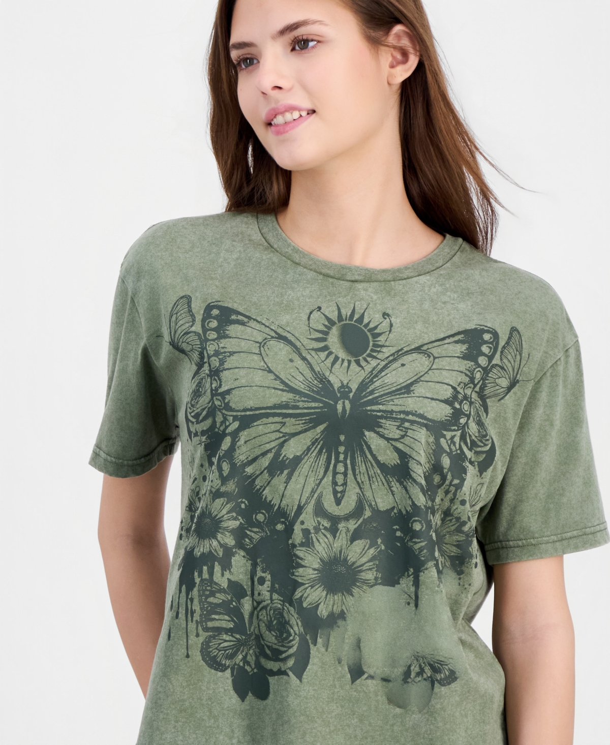 Rebellious One Juniors' Butterfly Mineral-Wash Round-Neck Tee