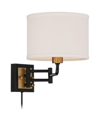 Joelle Modern Swing Arm Wall Lamps Set of 2 Brass Black Plug-in Light Fixture Fabric Drum Shade for Bedroom Bedside Living Room Reading