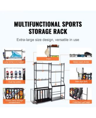 Golf Storage Organizer with 2 Golf Bag Holders, Baskets and Hooks, Steel Sports Equipment Storage Rack for Garage