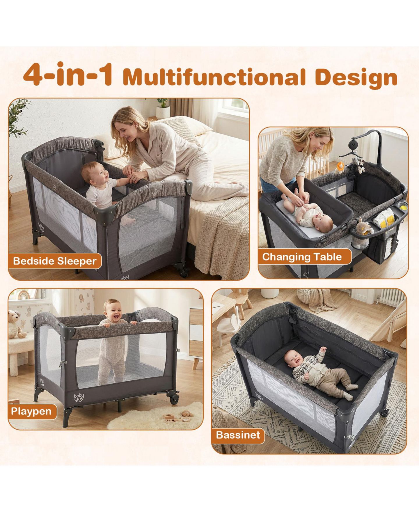 Детские мягкие игрушки SUGIFT 5 in 1 Bedside Bassinet with Diaper Changer and Mattress, цвет: Серый — фото 7
