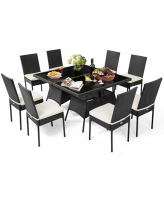 10PCS Rattan Dining Set Cushioned Chair Table w/ Glass Top Furniture Patio
