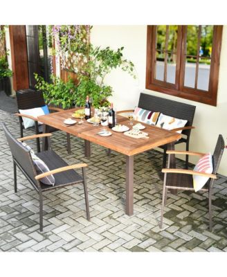 5PCS Patio Rattan Dining Set Acacia Wood Tabletop Stackable Chair Bench