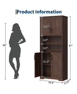 67" Tall Bathroom Cabinet, Freestanding Wooden Storage with 4 Doors, 2 Open Compartments, Adjustable Shelves, Microwave Stand