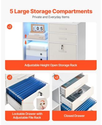3 Drawer Wooden File Cabinet, Mobile Filing Cabinet with Light Strip, Lockable Rolling File Storage with Adjustable Shelves and 5 Wheels, Free