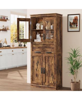 67" Tall Bathroom Storage Cabinet with 4 Doors, Flip Glass Drawer, Adjustable Shelves, Freestanding Organizer