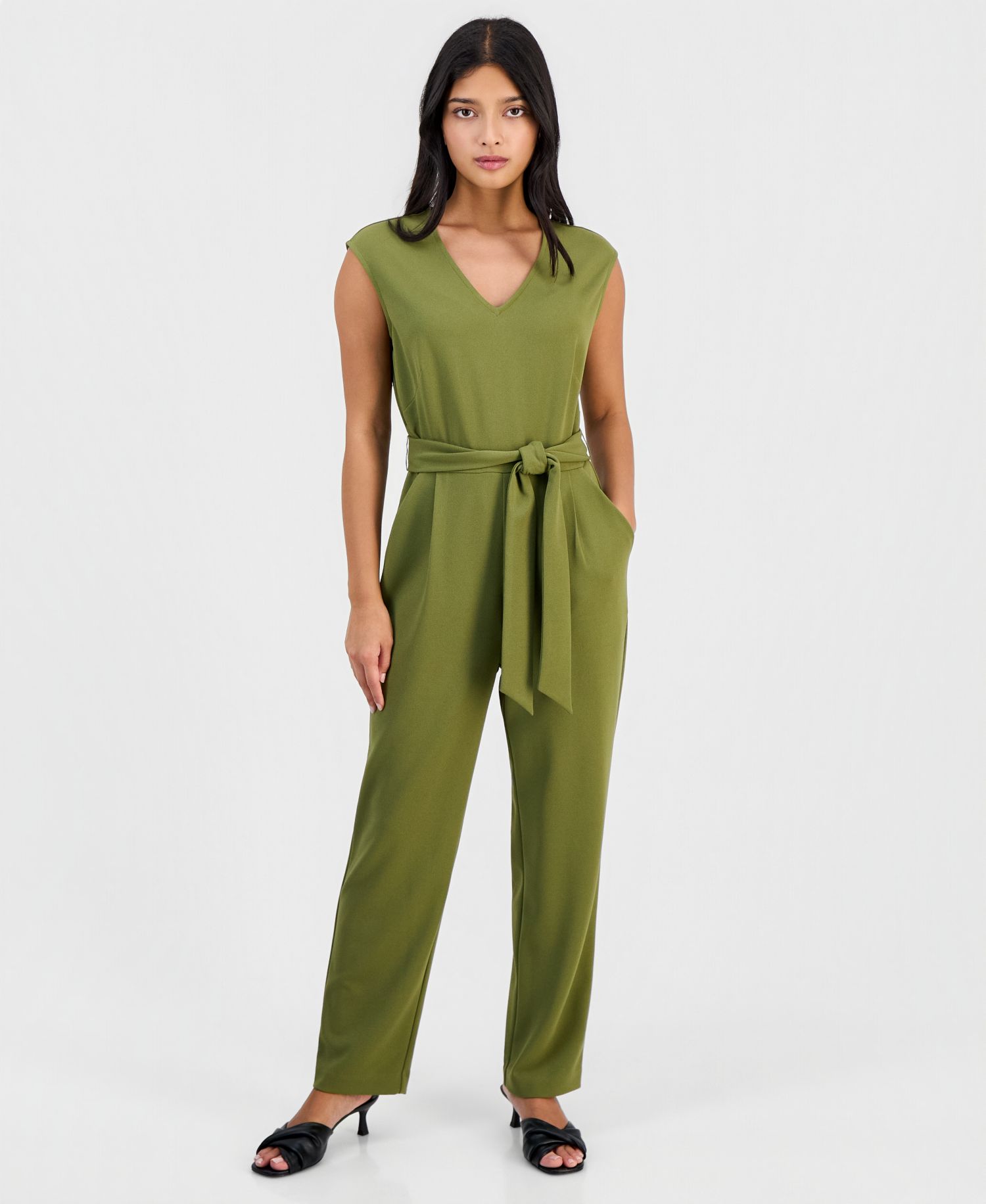 Petite Belted V-Neck Jumpsuit