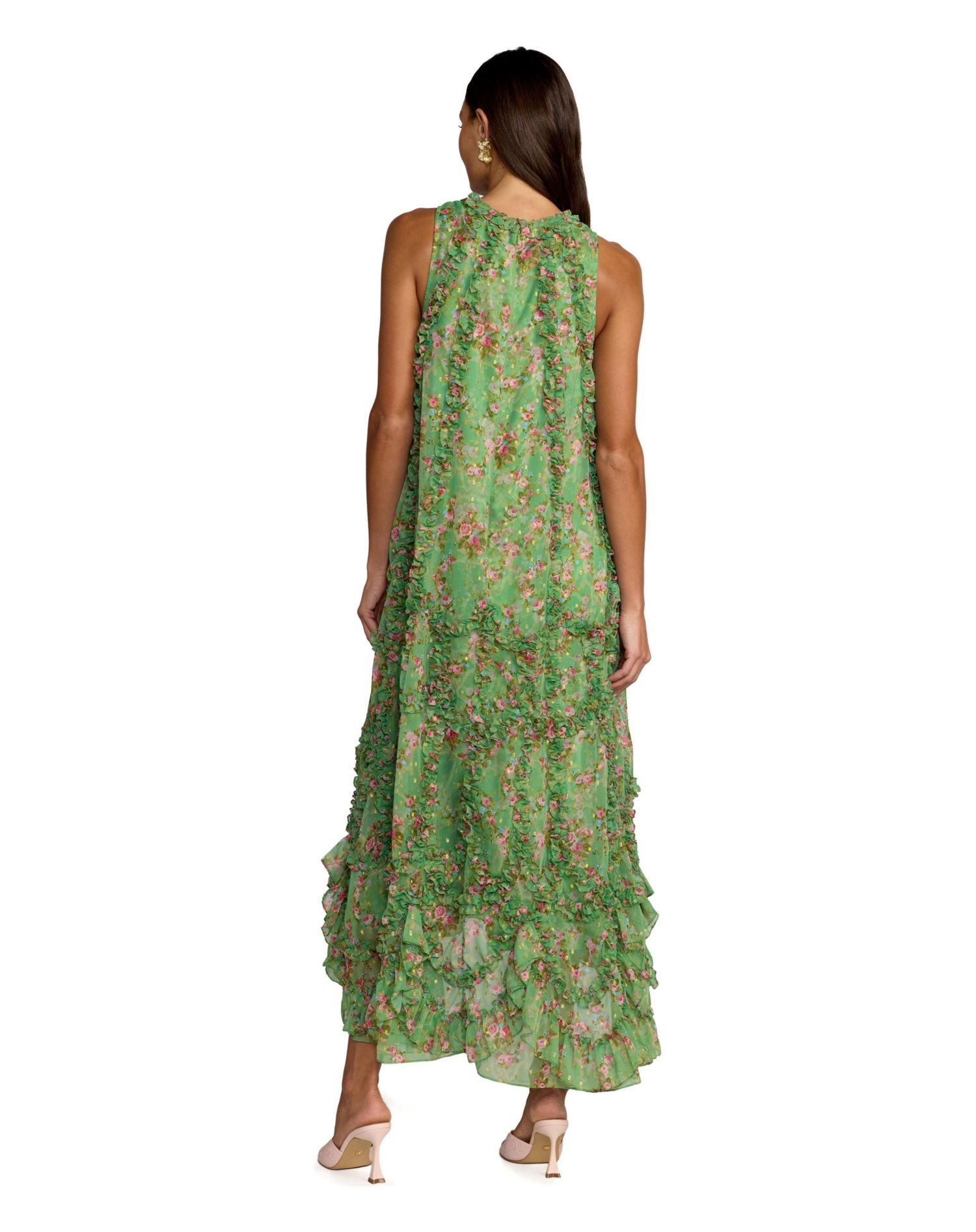 Women's Sleeveless Floral Chiffon Midi Dress with Ruffles