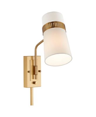 Cartwright Modern Wall Lamp Set of 2 Brass Plug-In 6" Fixture Swing Arm Linen Cylinder Shade for Bedroom