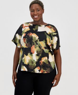 Plus Size Printed Boat-Neck Short-Sleeve Top