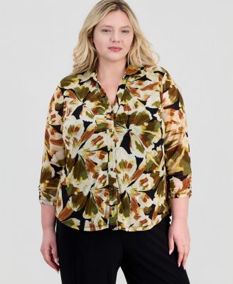 Plus Shirred 3/4-Sleeve Shirt