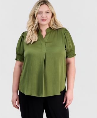 Plus Size Y-Neck Short Puff Sleeve Blouse