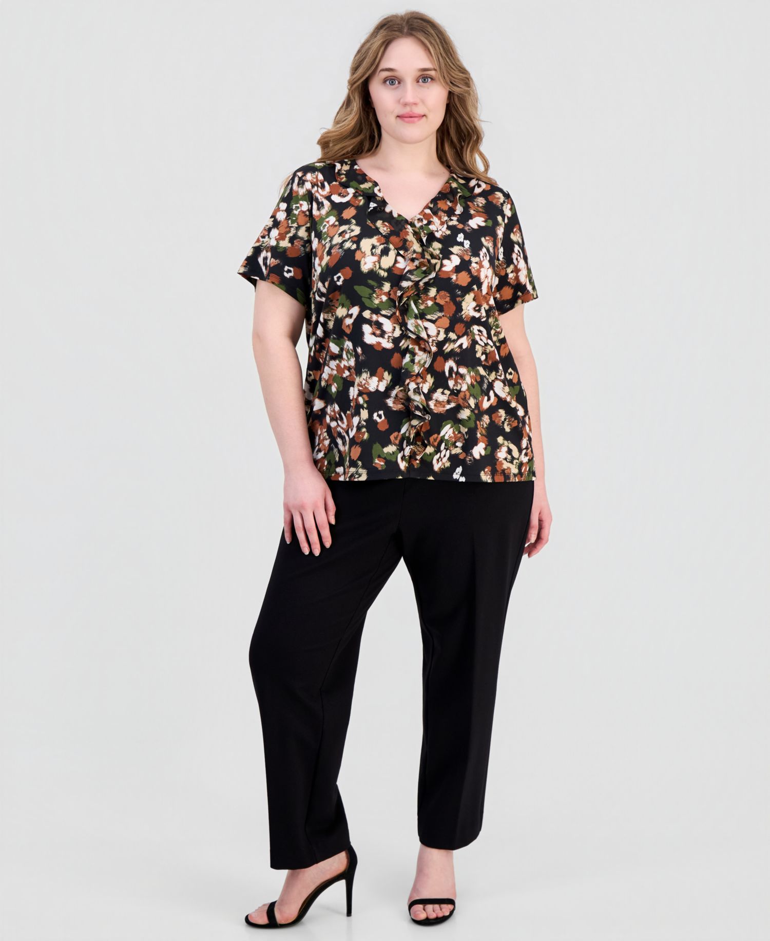 Petite Printed Ruffle-Trim Short-Sleeve Top