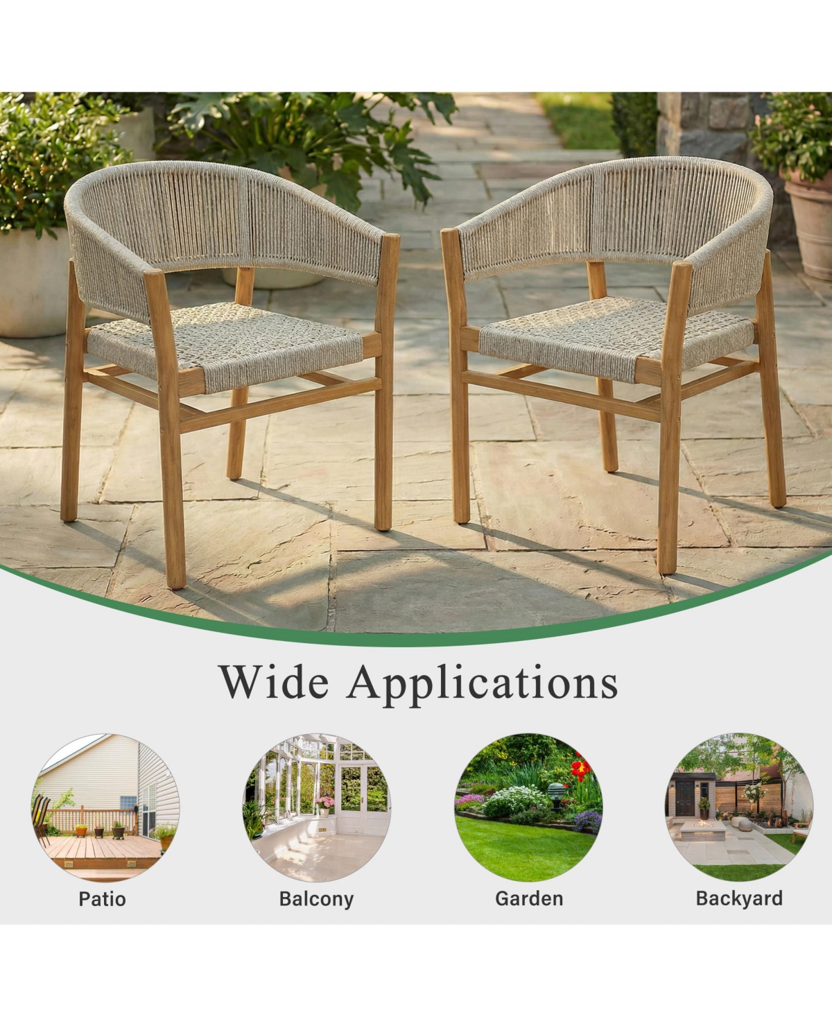 Rainsken Outdoor Armchair Set of 2, Rope Woven Accent Chairs with Curved Backrest and Comfortable Seating for Patio, Backyard and Garden