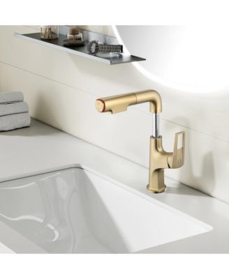 Single Hole Brushed Gold Vessel Bathroom Faucet Pull Down with Lift Spout Dual Spray Modes for Sink