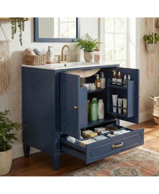 30 Inch Bathroom Vanity with Sink, Acacia Wood Freestanding Cabinet, Soft Closing Door, Ceramic Top, Drawer Storage