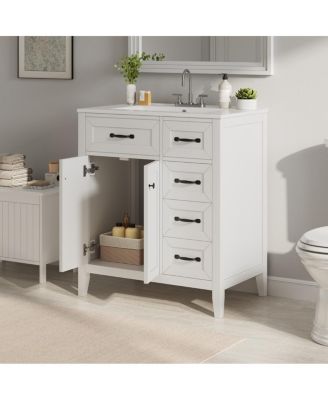 30 Inch Bathroom Vanity with Sink, Modern Freestanding Cabinet, Solid Wood Legs, Ceramic Top and 3 Drawers Storage