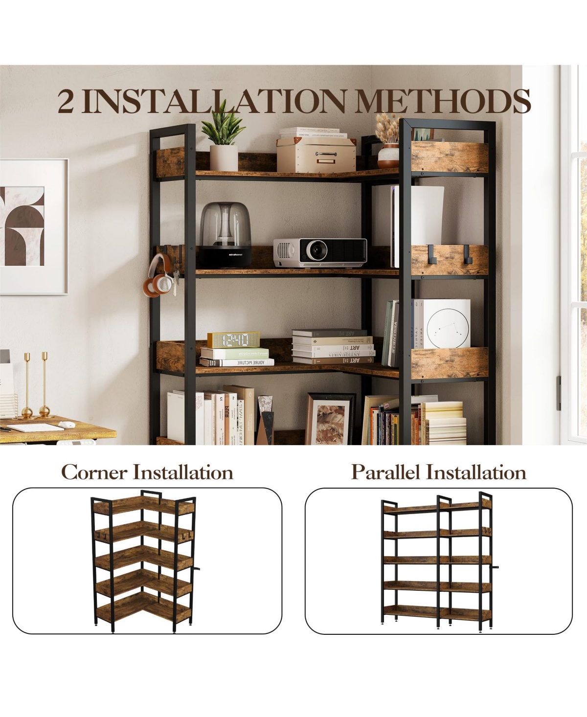 gaomon 5-Tier Convertible Retro Corner Bookshelf, Dual Splicing Modes Display Storage Shelf