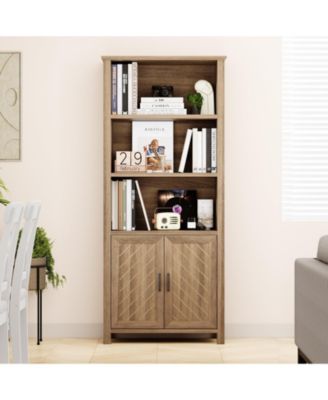  Farmhouse 5-Tier Wooden Bookshelf, Adjustable Storage Bookcase with Door