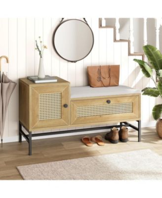 Rattan Shoe Bench Entryway Bench with Storage Drawer and Cabinet, Wooden Storage Bench with Linen Seat Cushion, for Hallway and Bedroom