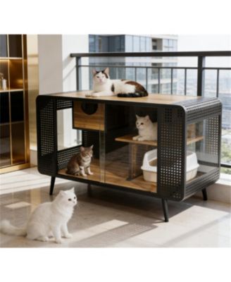 Zeus and Ruta 55.12" Spacious Glass Cat House with Tempered Glass for Living Room, Hallway, Study and Home