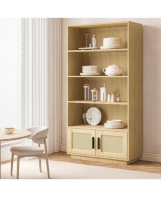 5-Tier Wooden Bookcase with Rattan Doors, Tall Storage Bookshelf