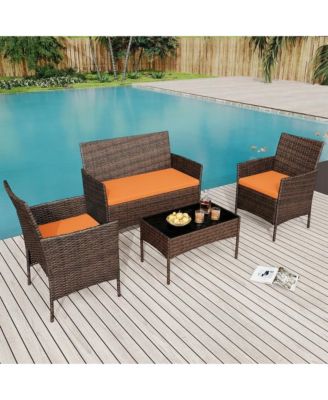 4 Pieces Patio Furniture Set, Outdoor Furniture with Soft Cushions and Coffee Table, All-Weather Rattan Outdoor Patio Set with Seats