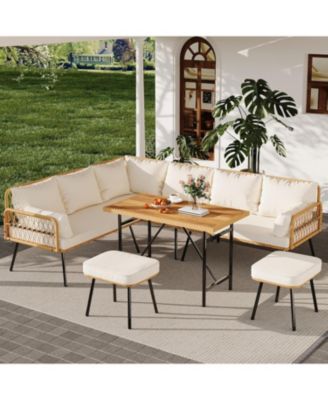 6 Pieces Outdoor Patio Furniture Set with Table, All-Weather Boho Wicker Rattan Patio Sectional L-Shaped Sofa, Metal Frame, Detachable Cushions