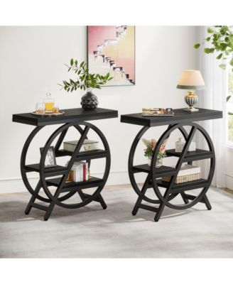 3-Tier End Table Set of 2, Narrow Sofa Side Table with Storage, Industrial Nightstand with Geometric Metal Frame
