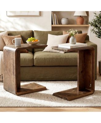 C-Shaped Solid Wood End Table Set of 2, Wooden Narrow Sofa Side Table
