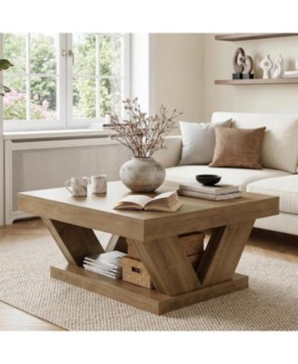 2-Tier Rustic Wood Coffee Table, Farmhouse Square Coffee Table with Large Storage Shelf