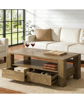 47" Rectangle Coffee Table with 2 Drawers and Open Shelf, Farmhouse Wood Living Room Center Tea Table