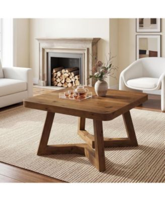 31.5" Solid Wood Square Coffee Table, Farmhouse Accent Cocktail Tea Table with Double Geometric Pedestal