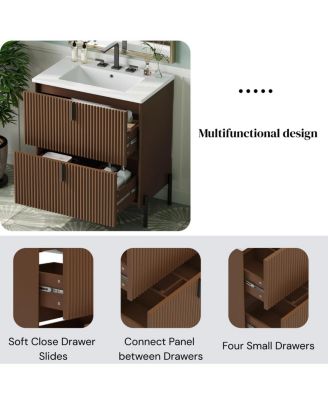 Bathroom Vanity with Sink, Modern Fluted MDF Cabinet, Soft Close Full-Extension Drawers for Small Spaces