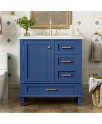 Sage Green Bathroom Vanity with Ceramic Sink, Freestanding Solid Wood MDF Cabinet, 3 Drawers Soft Close Door for Small Bathrooms