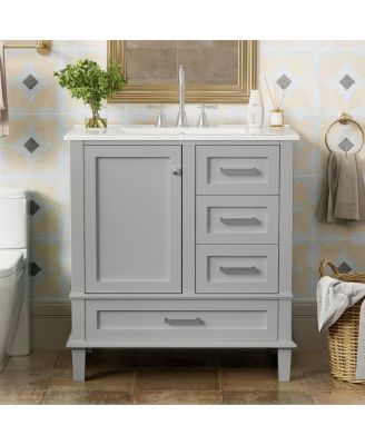 Sage Green Bathroom Vanity with Ceramic Sink, Freestanding Solid Wood MDF Cabinet, 3 Drawers Soft Close Door for Small Bathrooms