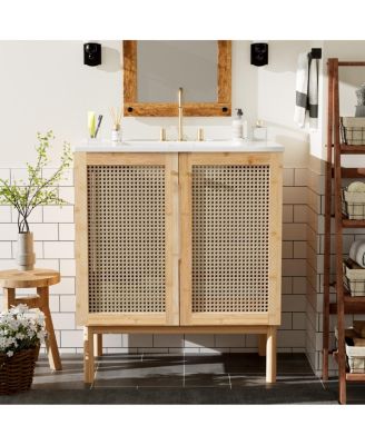 30"Bathroom Vanity with Ceramic Sink, Bamboo Frame & Rattan Doors, Ample Storage for Modern Small Space