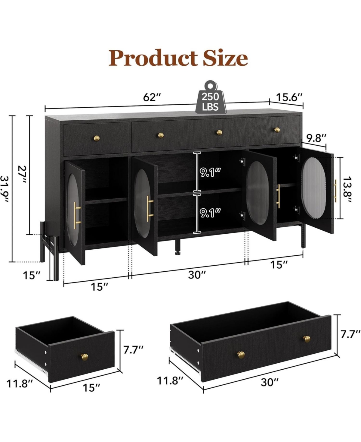 gaomon 62" Modern Sideboard Buffet Cabinet - Large Storage Console Table with Adjustable Shelves and 3 Drawers and 3 Glass Doors for Dining Room