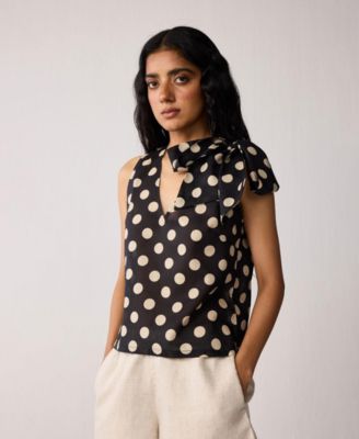 Women's Regular V-Neck Polka Dot Top with Bow Detail