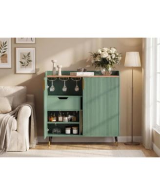 Towallmark Green Modern Fluted Bar Cabinet with Wine Rack and Glass Holders, Black Kitchen Sideboard Buffet Cabinet for Dining Room