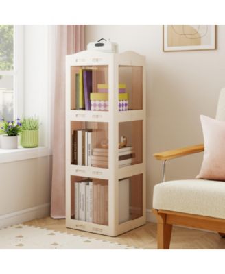 3-Tier Foldable Rotating Bookshelf with Swivel Base and Translucent Panels