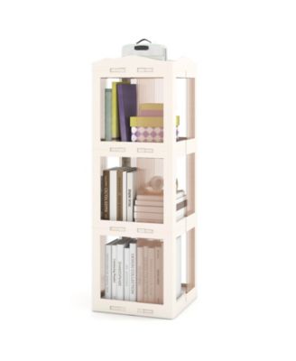 3-Tier Foldable Rotating Bookshelf with Swivel Base and Translucent Panels