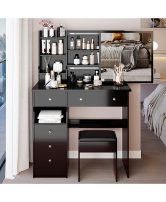 37 Inch Large Vanity Table Set with Sliding Mirror & Cushioned Stool for Bedroom