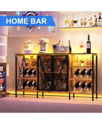 Farmhouse Wine Bar Cabinet with Wine Rack and Glass Holder, Industry Coffee Bar with Led Light, Metal Sideboard and Liquor Table Cabinet,Mesh