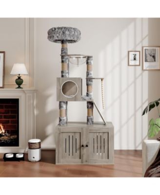 Cat Tree, 66.9-Inch Cat Tower with Litter Box Enclosure, with Hammock, Washable