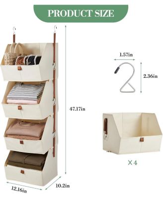 4 tier hanging closet organizer with non woven fabric shelves and collapsible baskets-space saving storage for bedroom, dorm, or RV.