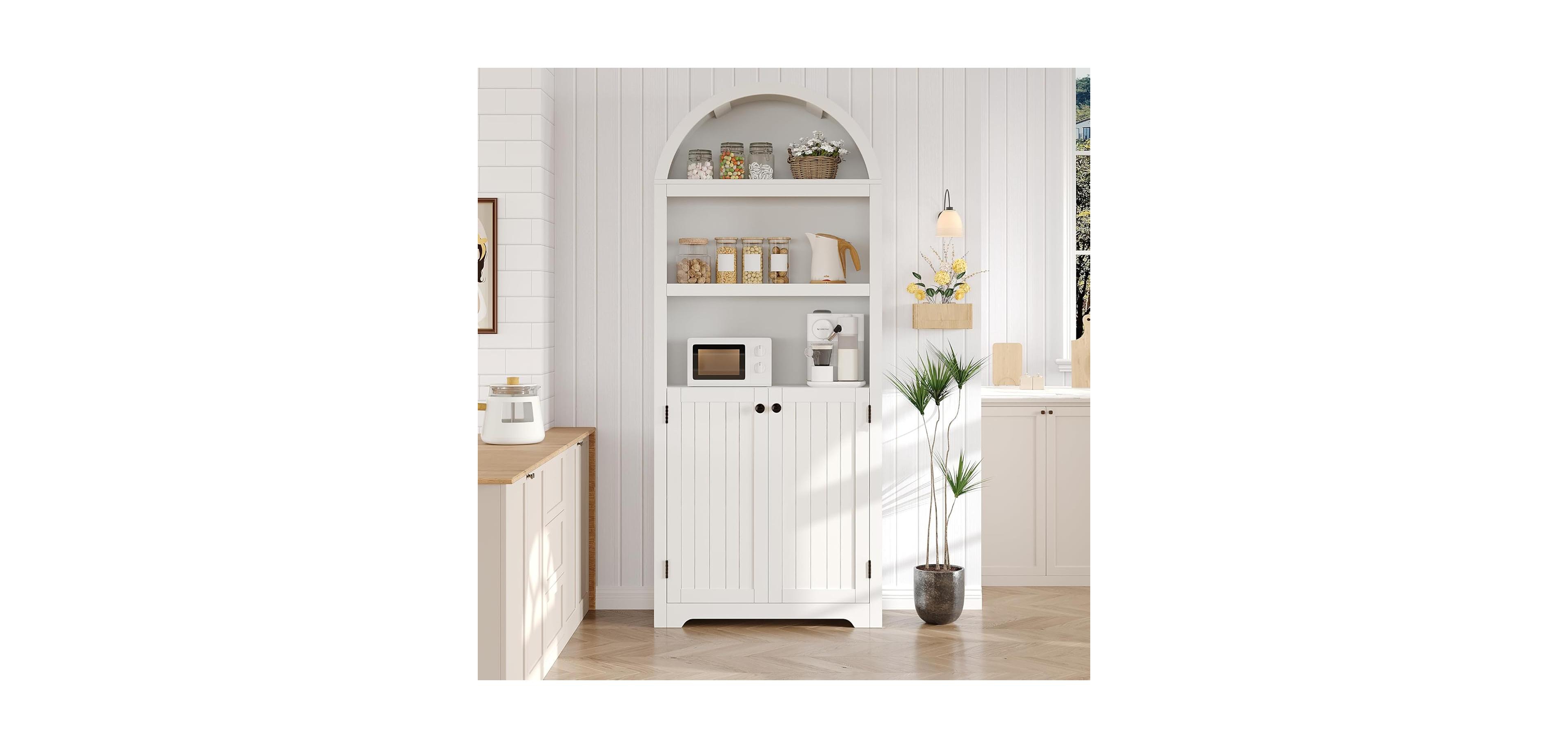 gaomon 72" Tall Wood Arched Storage Cabinet - 5-Shelf Kitchen Pantry Cabinet with Doors & Open Shelves, Versatile Standing Bookcase & Cupboard